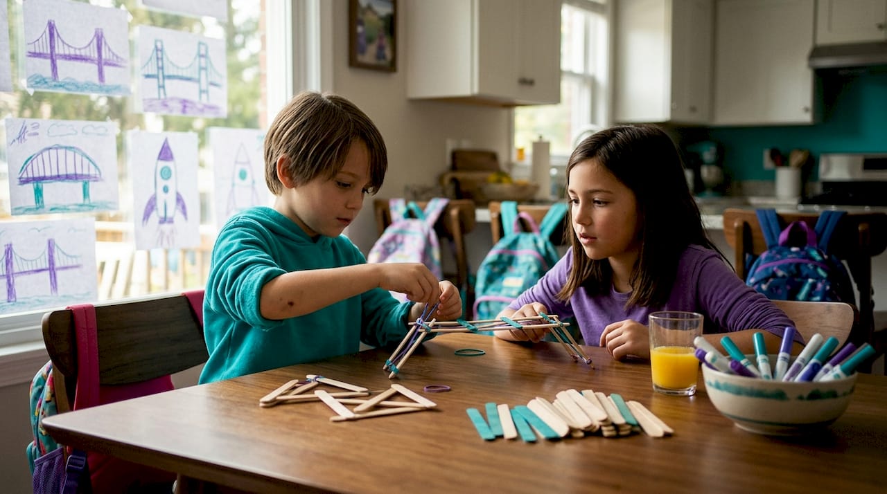 Kids building STEAM project at home table