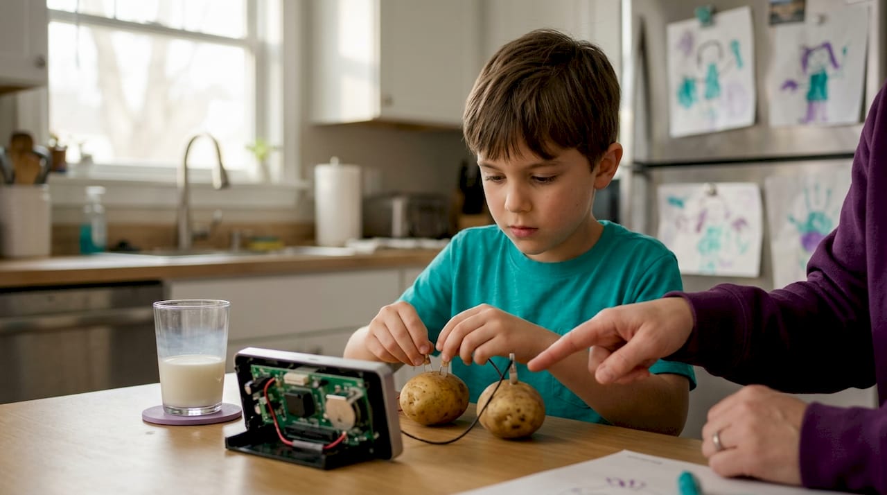 Child connecting wires to potato clock in kitchen