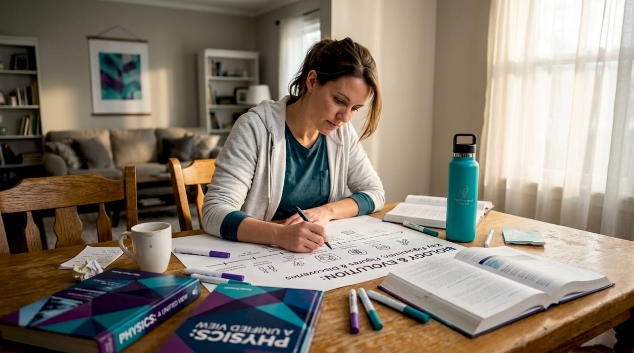 Science teacher drawing history timeline at home