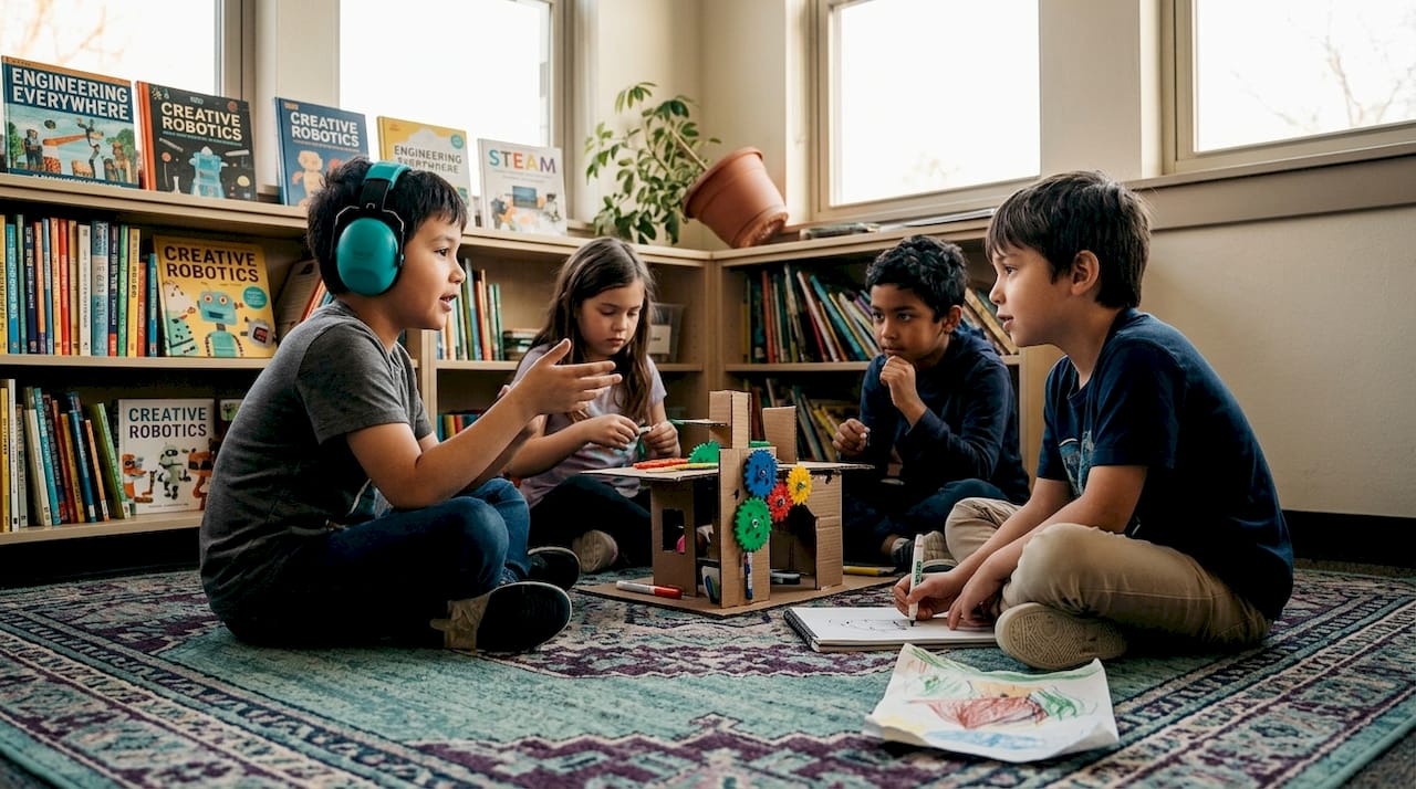 Diverse children collaborate on hands-on STEAM activity