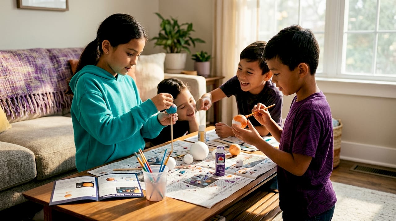 Children building star life cycle model at home