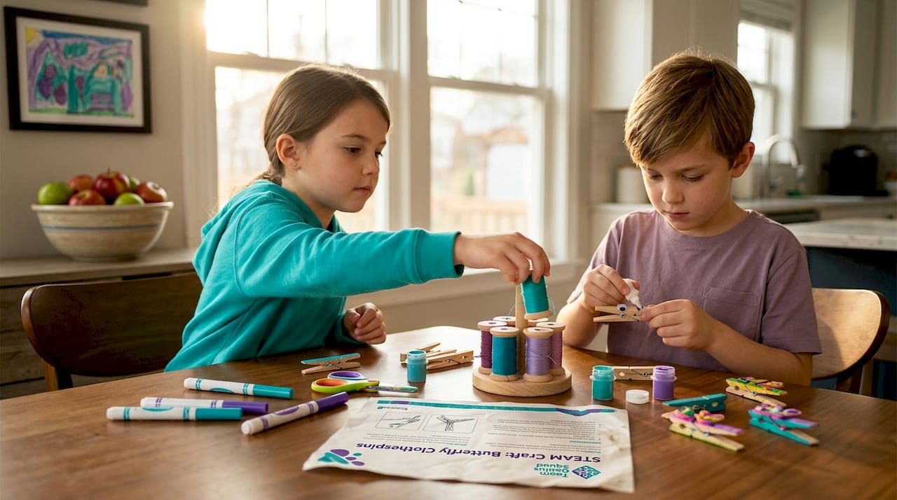 Children making clothespin crafts at kitchen table
