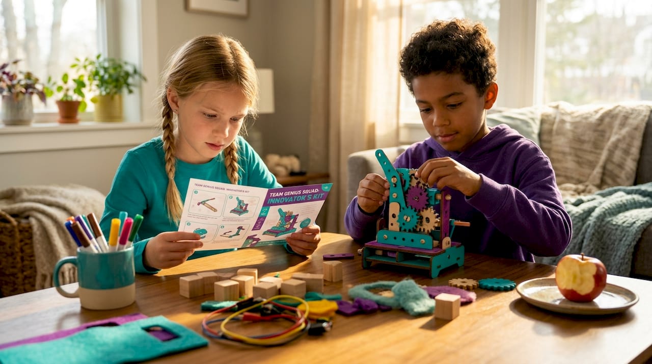 Kids assembling screen-free STEAM kit at kitchen table