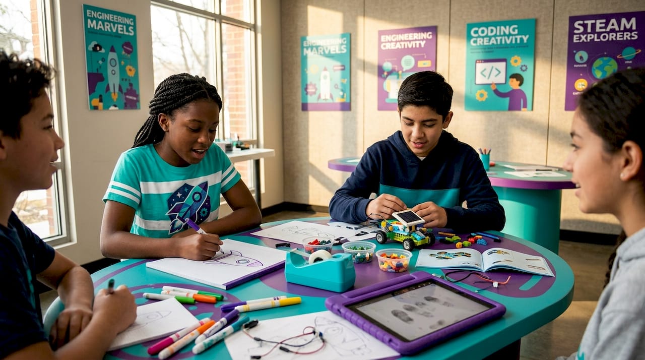 Students building and sketching together in classroom