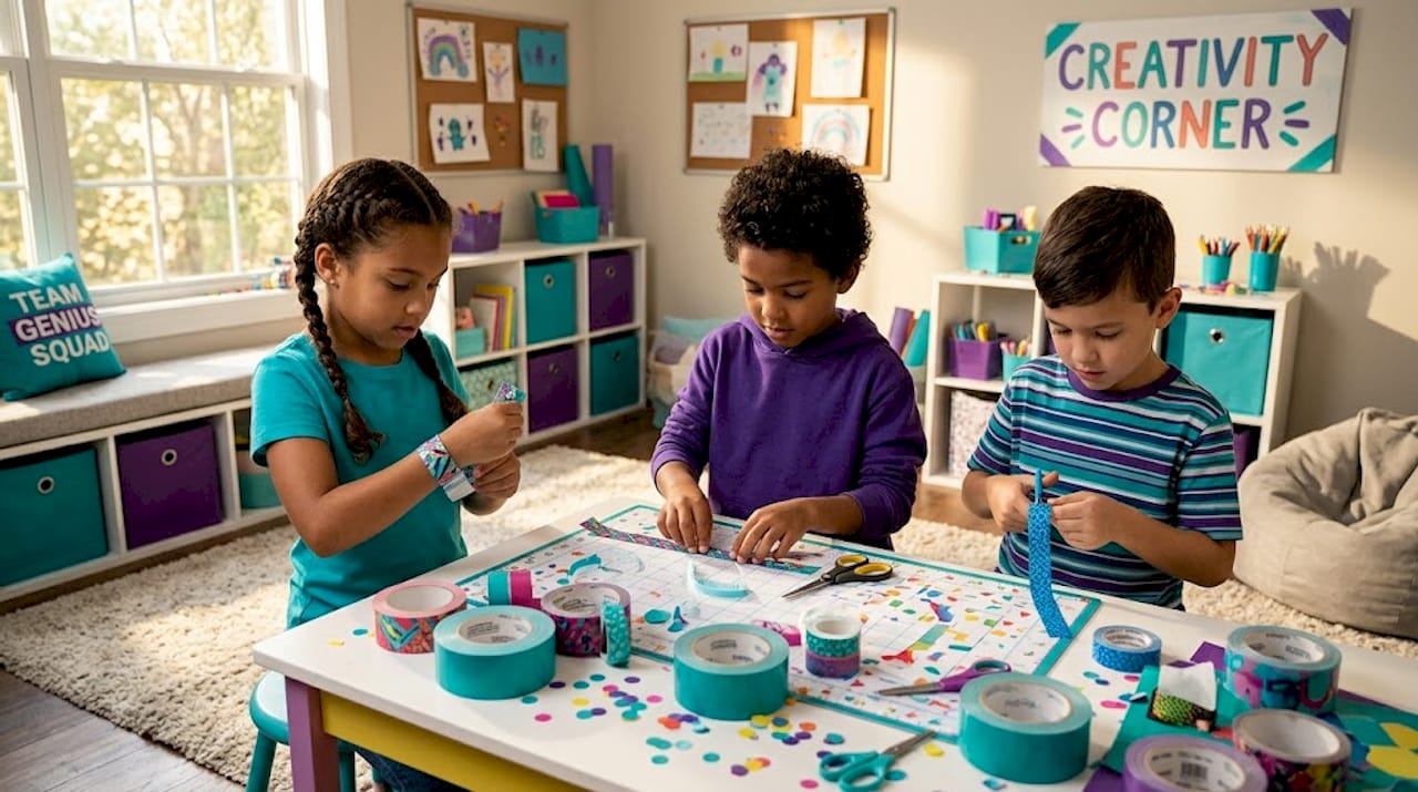 Kids making duct tape bracelets at kitchen table