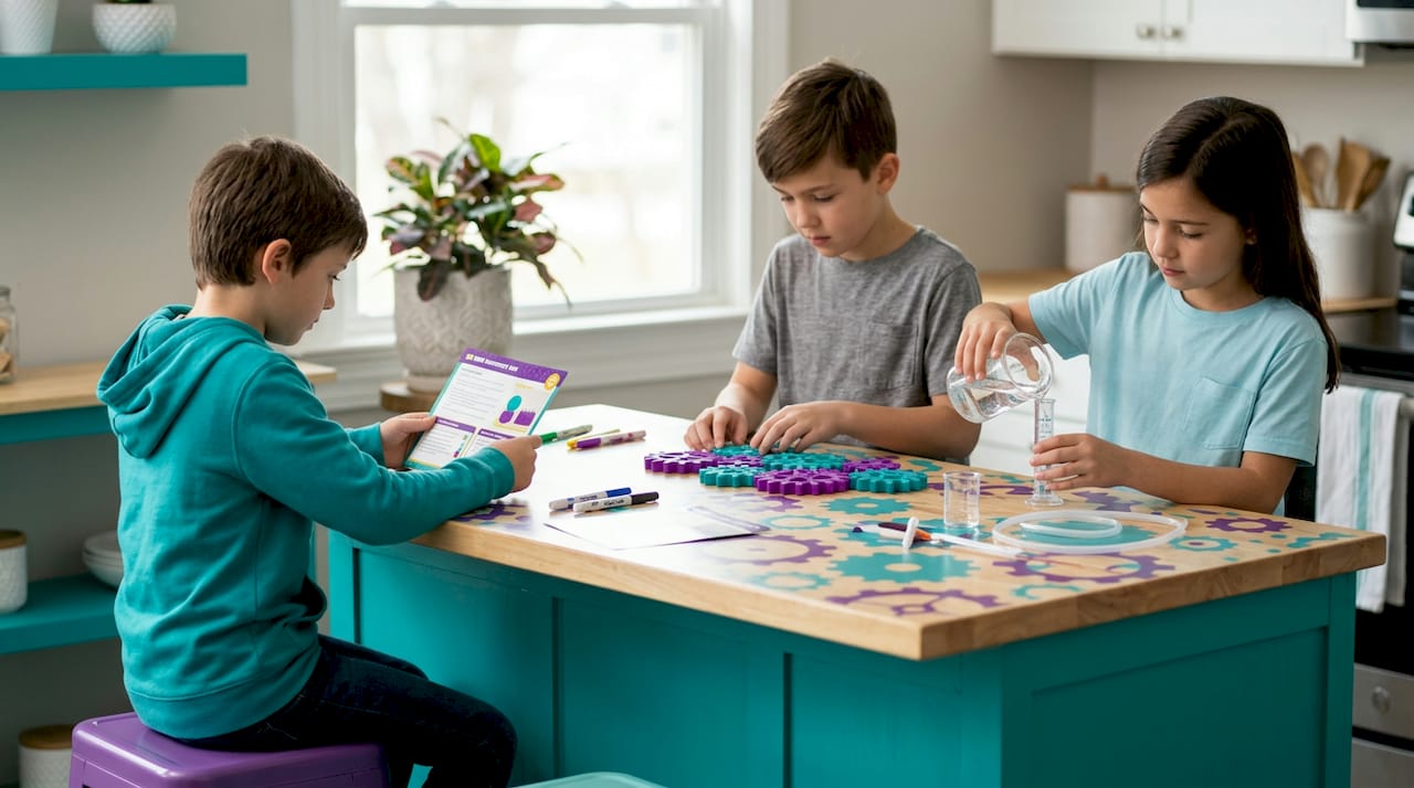 Children exploring STEAM kit at home table
