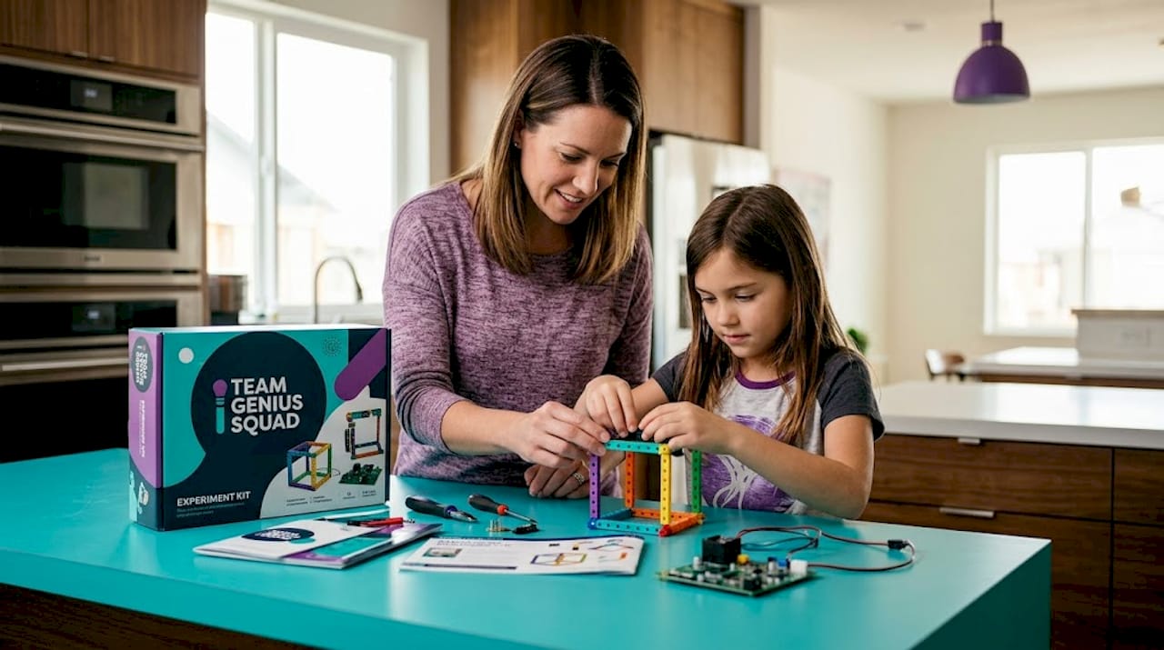 Parent and child assembling STEAM kit together