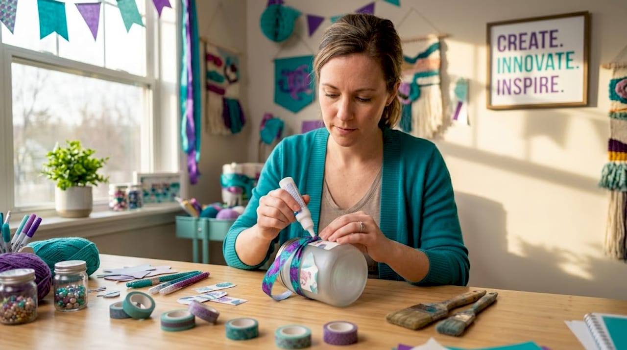 Woman crafting DIY gift at sunny kitchen table