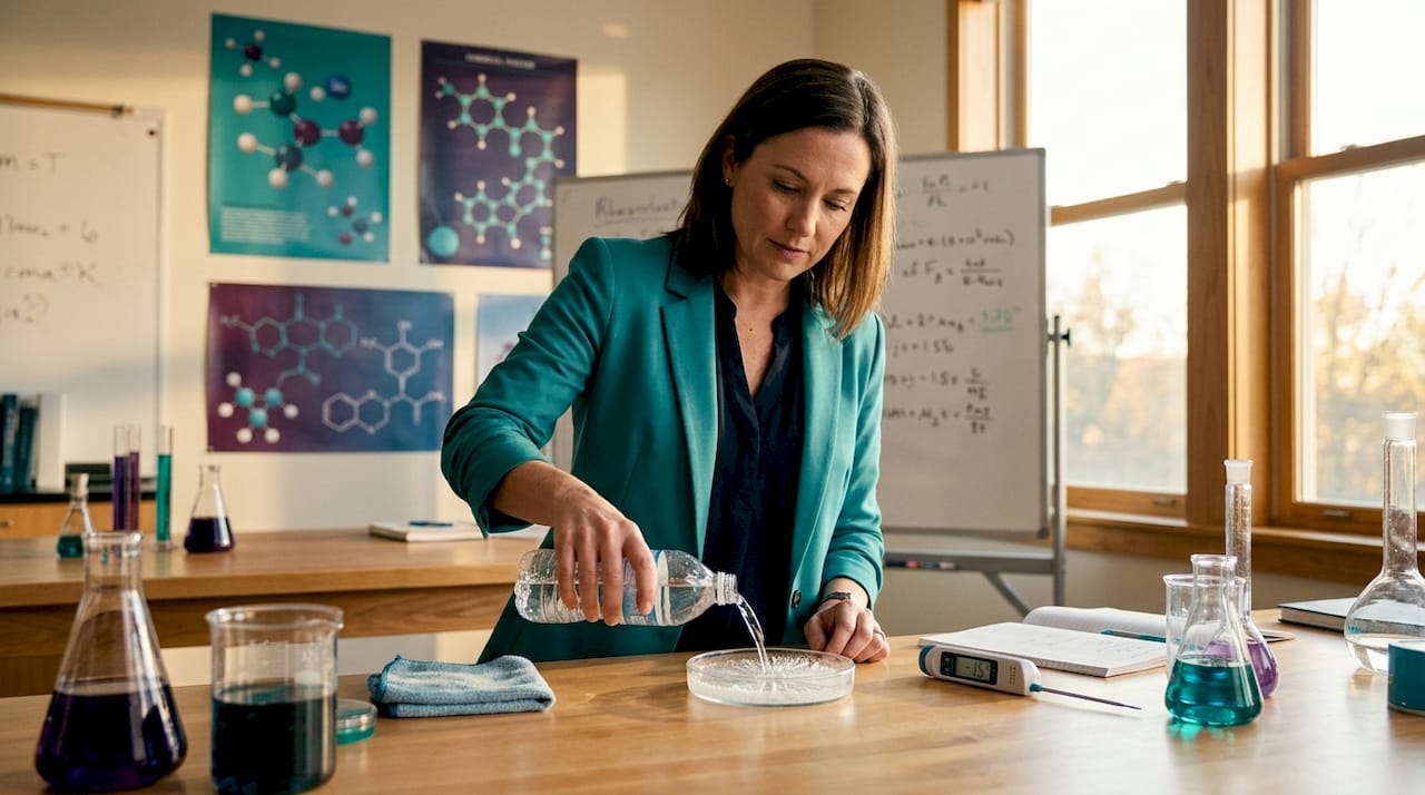 Teacher demonstrates supercooled water experiment