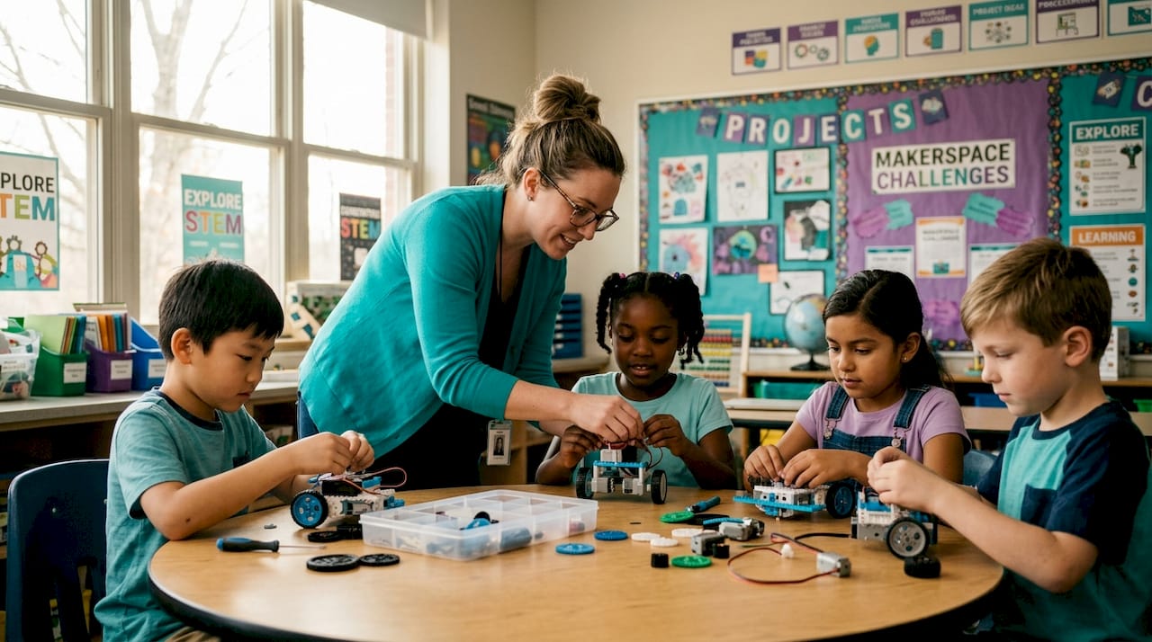Teacher guiding children in classroom STEAM activity