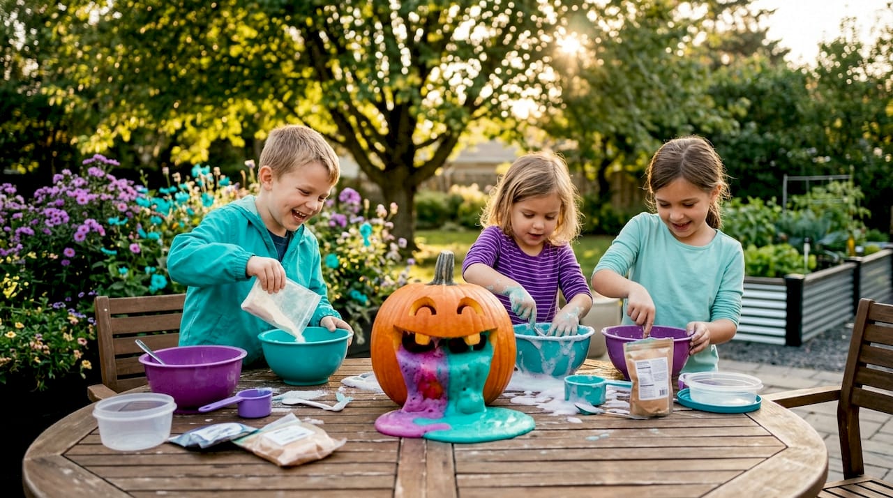 Children crafting fizzy barfing pumpkin in classroom