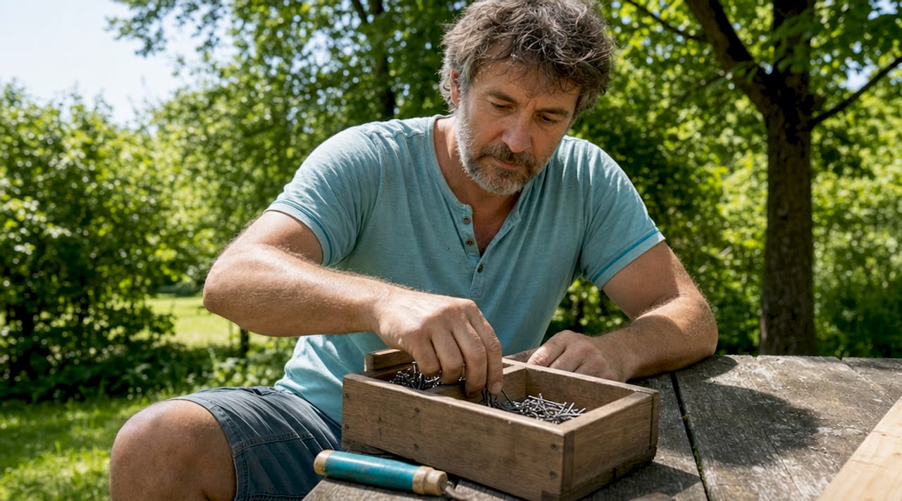 Carpenter selecting iron nails at workbench