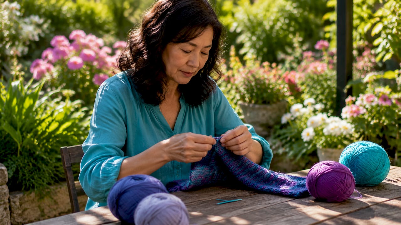 Woman weaving yarn tail on knitting project