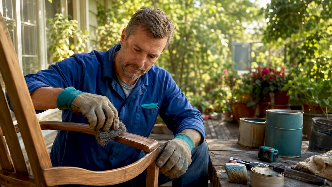 Man using iron wool on wooden surface