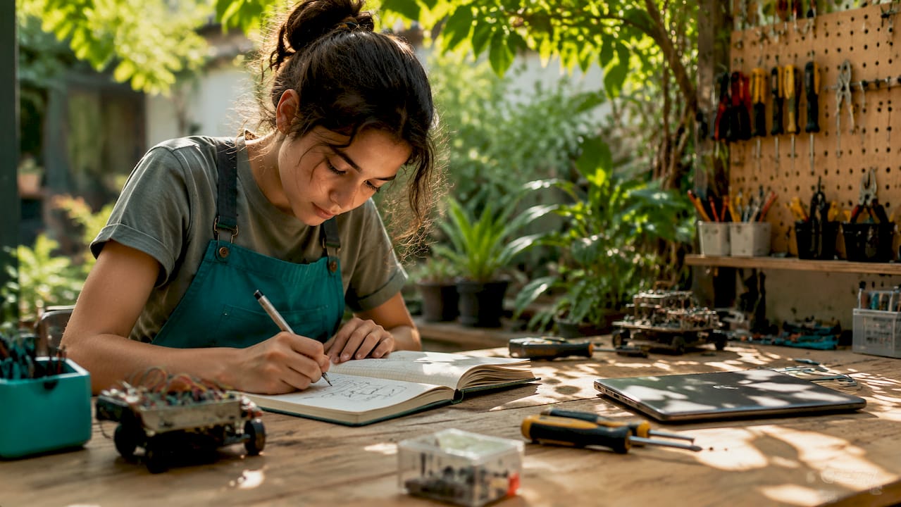 Inventor writing ideas in graph paper notebook
