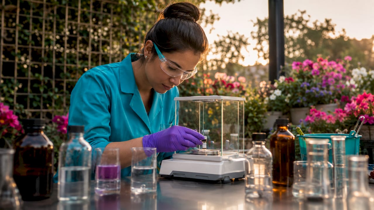 Chemist weighing manganese IV oxide sample in lab