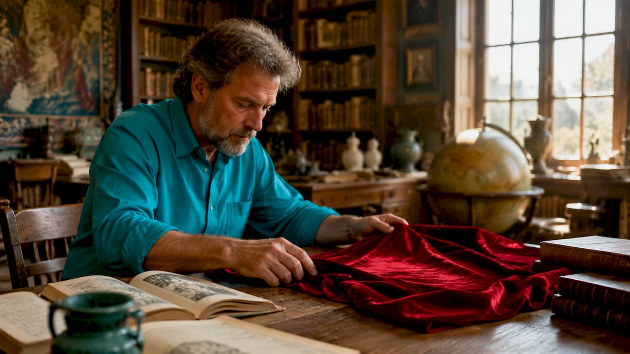 Scholar examining red cape in study
