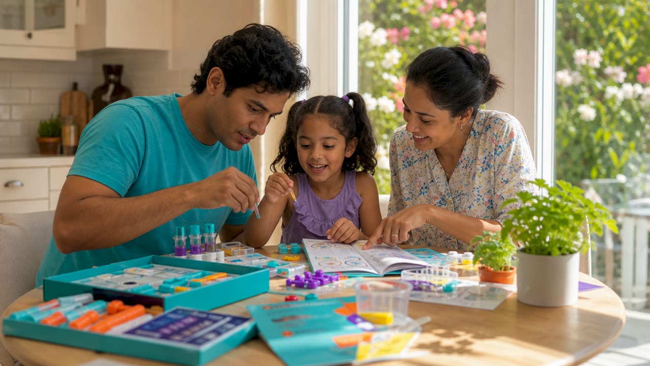 Family assembling educational STEM kits at home