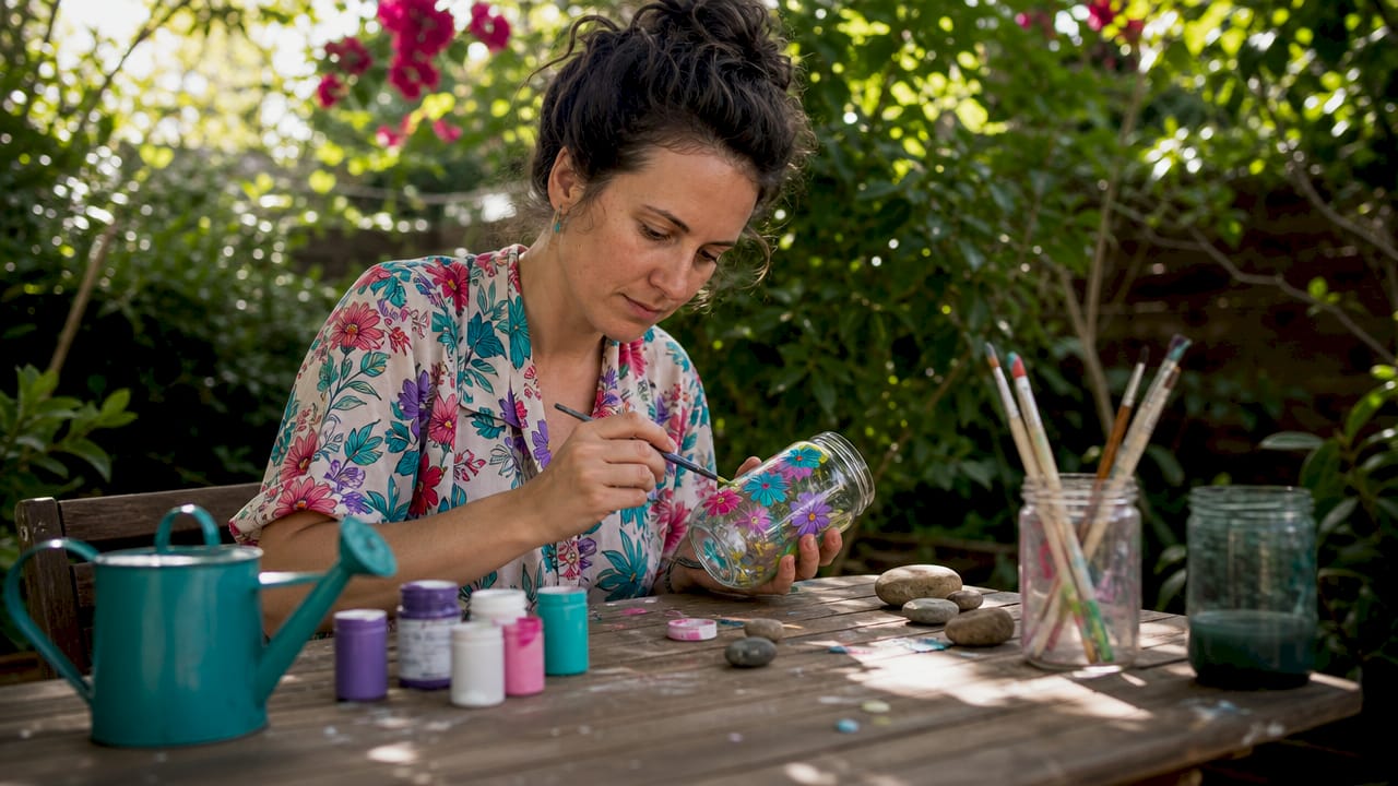 Woman decorating mason jars for crafts