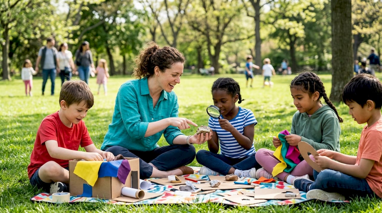Teacher guiding children in immersive learning activity