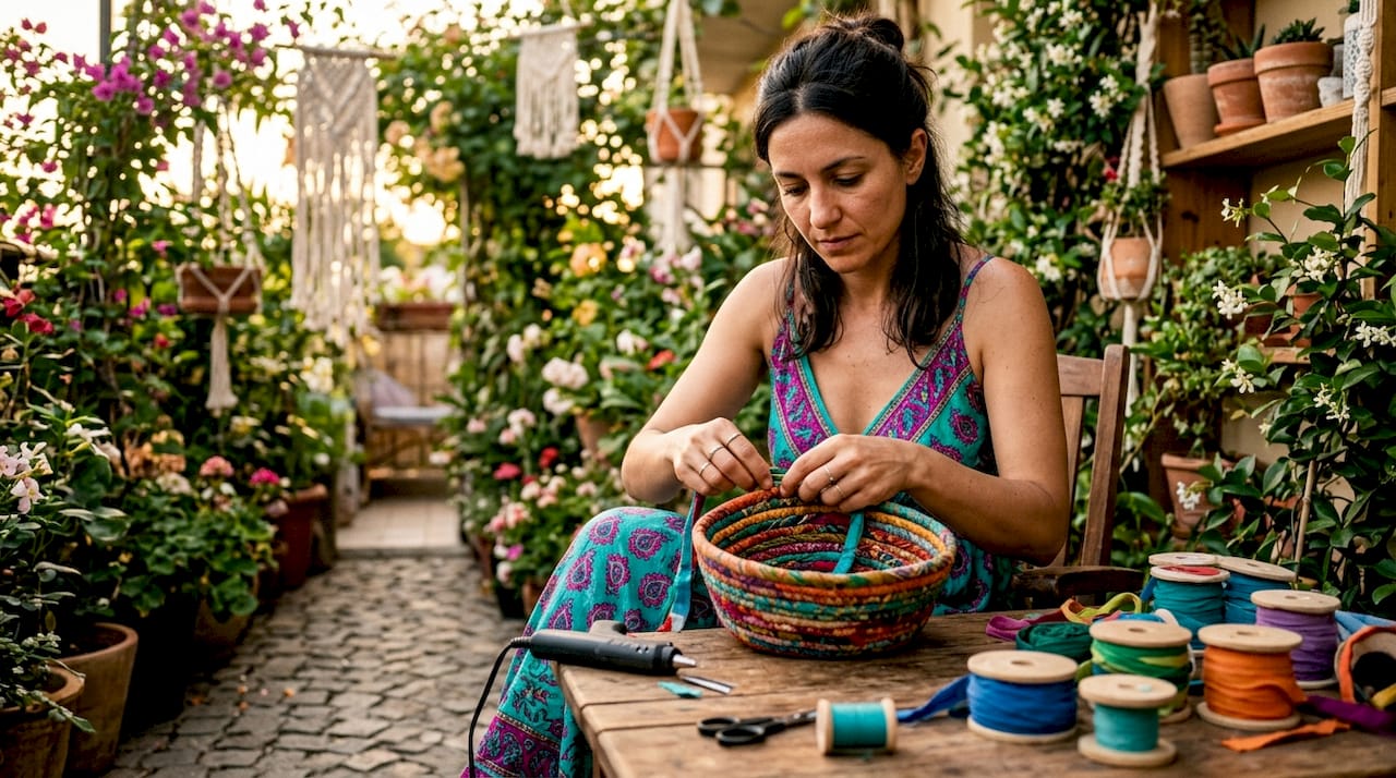 Woman making handmade coil basket at craft table