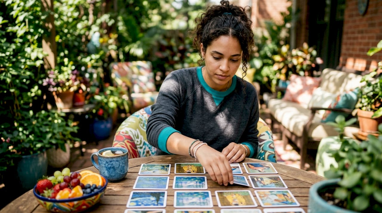 Woman arranging art memory game cards at table