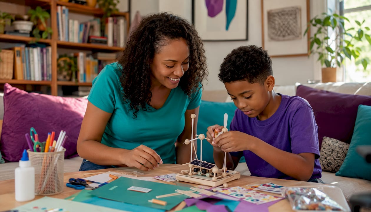 Mother and son doing hands-on STEAM project at home