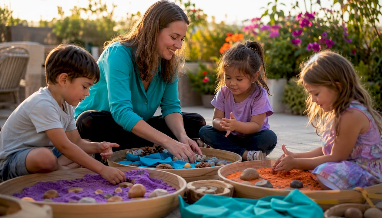 Teacher and children exploring tactile sensory bins