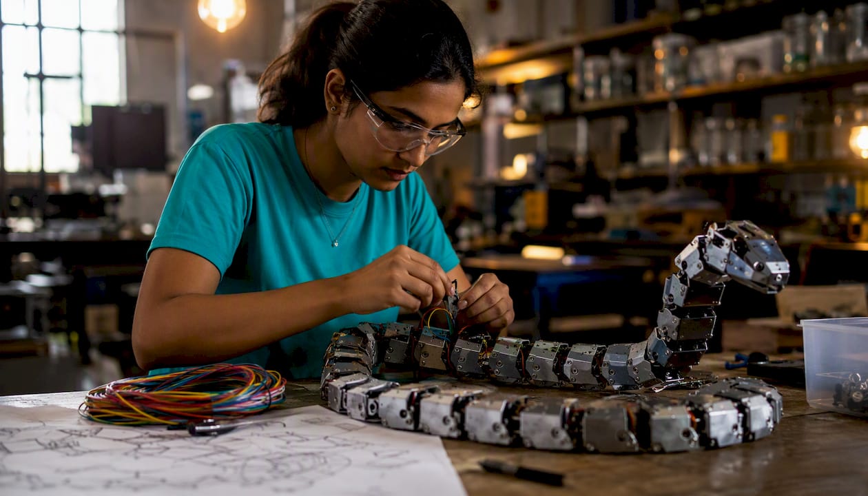 Close-up of robotic snake prototype on workbench