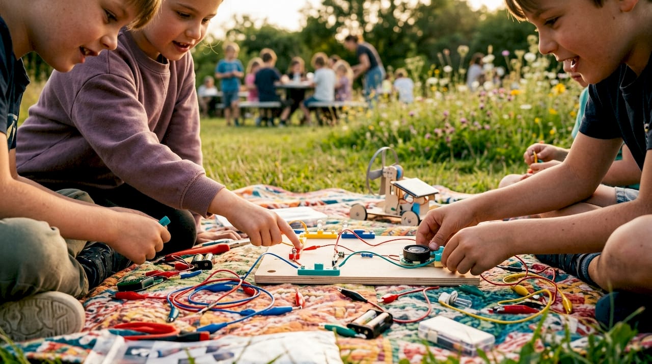 Children hands building STEAM kit project