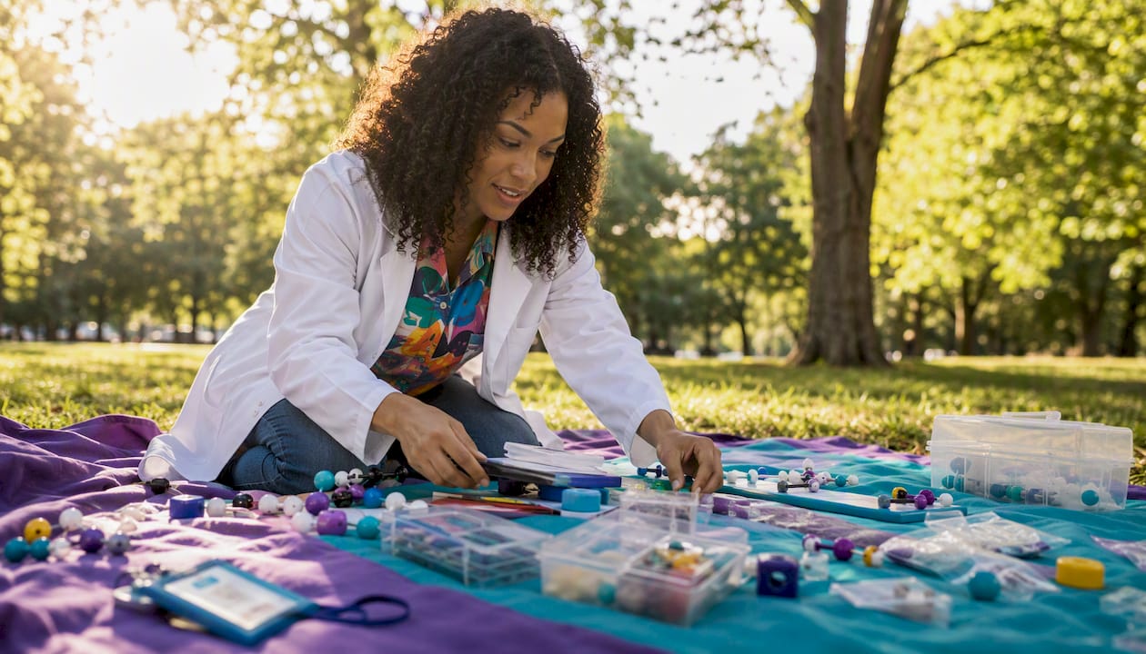 Teacher setting up STEAM kit on classroom table