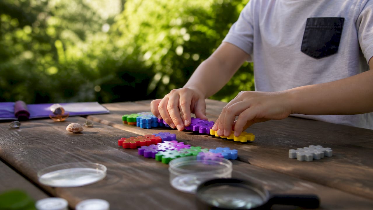 Child hands assembling puzzle blocks