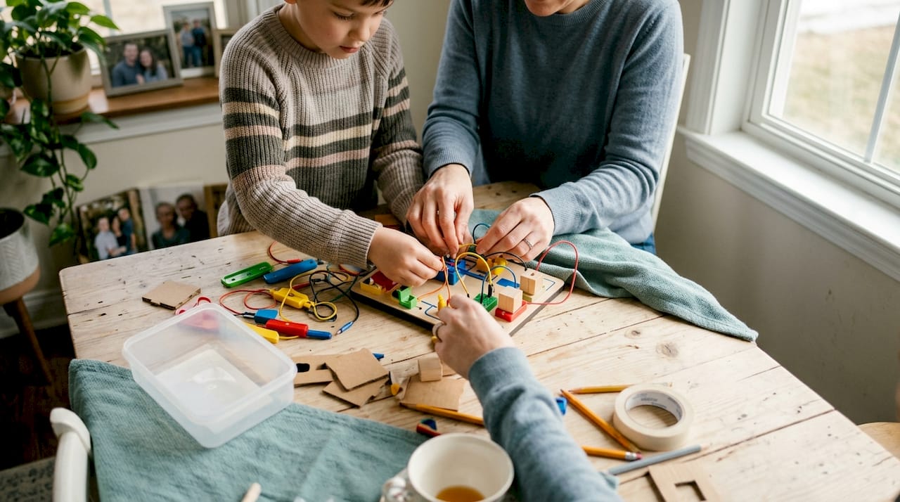 Parent and child hands building STEAM experiment