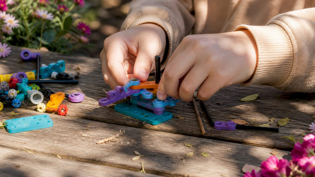 Child hands assembling STEAM learning kit