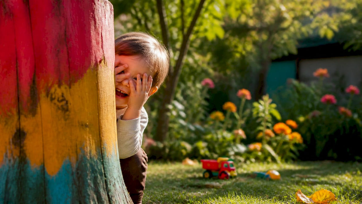 Toddler playing peek-a-boo hands and face close-up