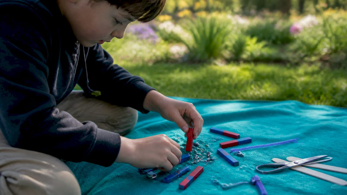 Child hands doing magnet experiment on colorful table