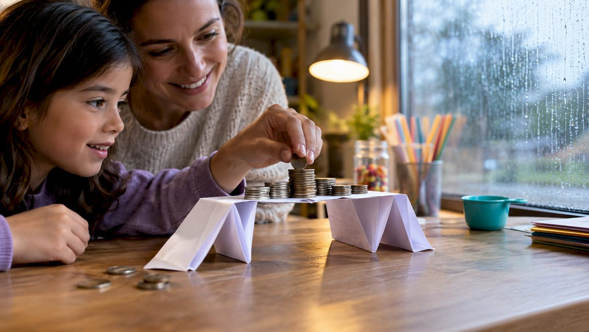 Child testing paper bridge with coins