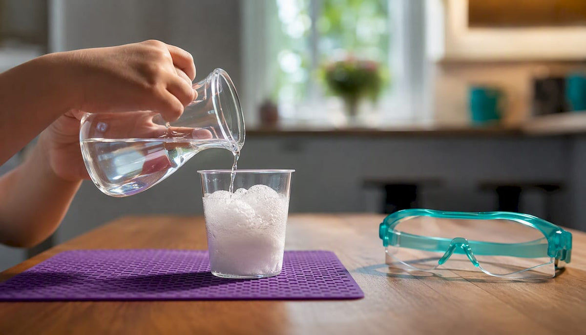 Child conducting a tidy foaming science experiment