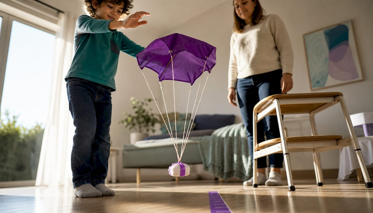 Child testing handmade parachute payload