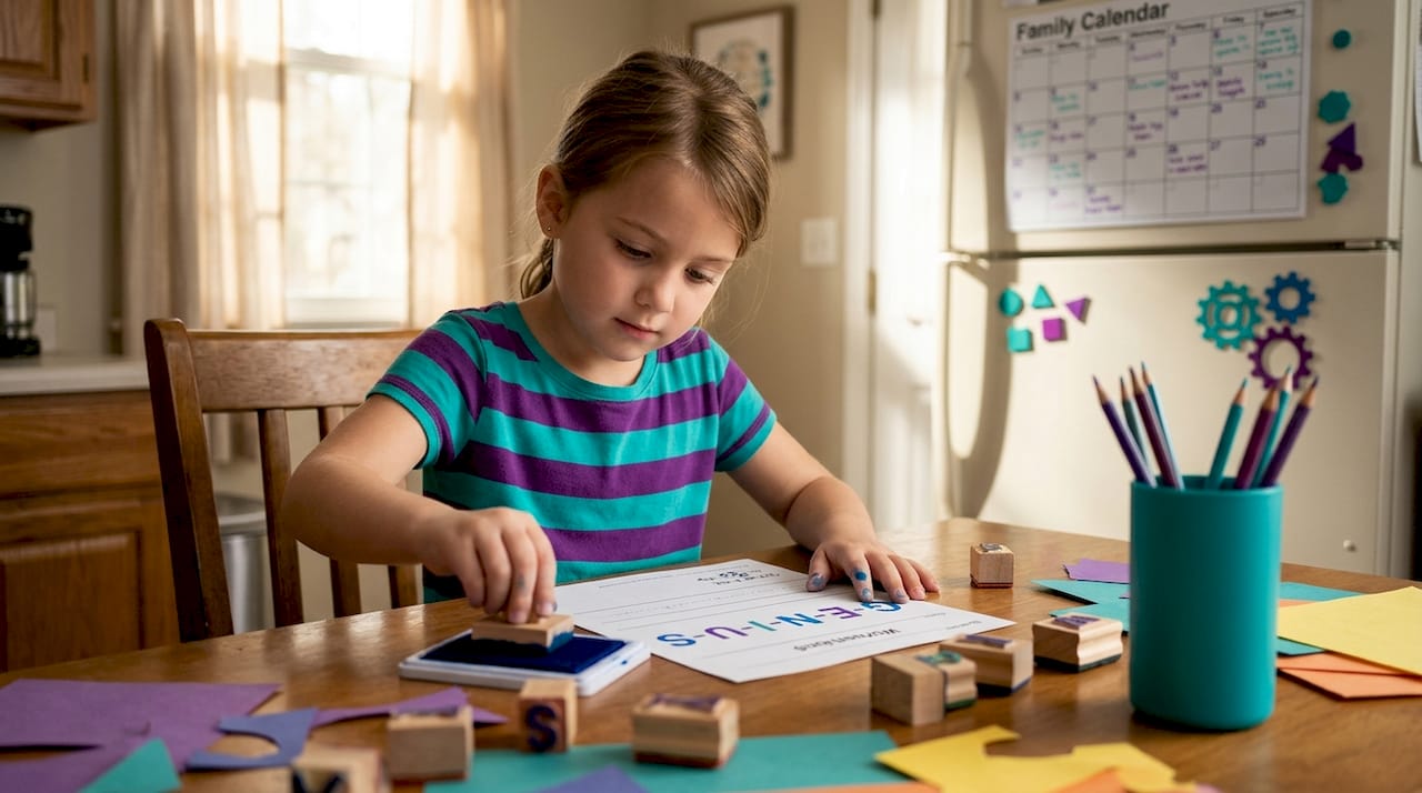 Child using letter stamp set at kitchen table