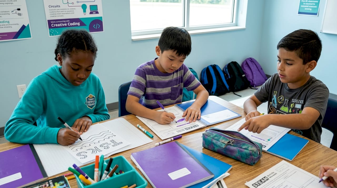 Children working on rail fence cipher activity