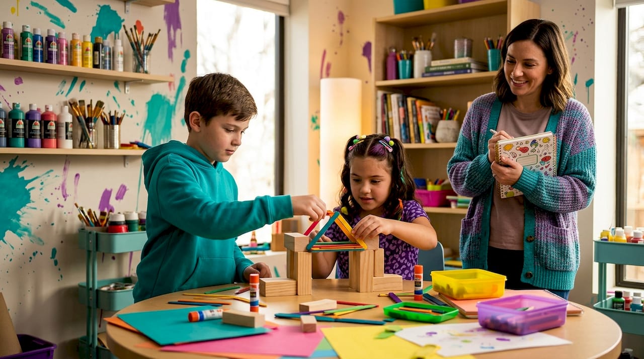 Children building STEAM project at busy classroom table