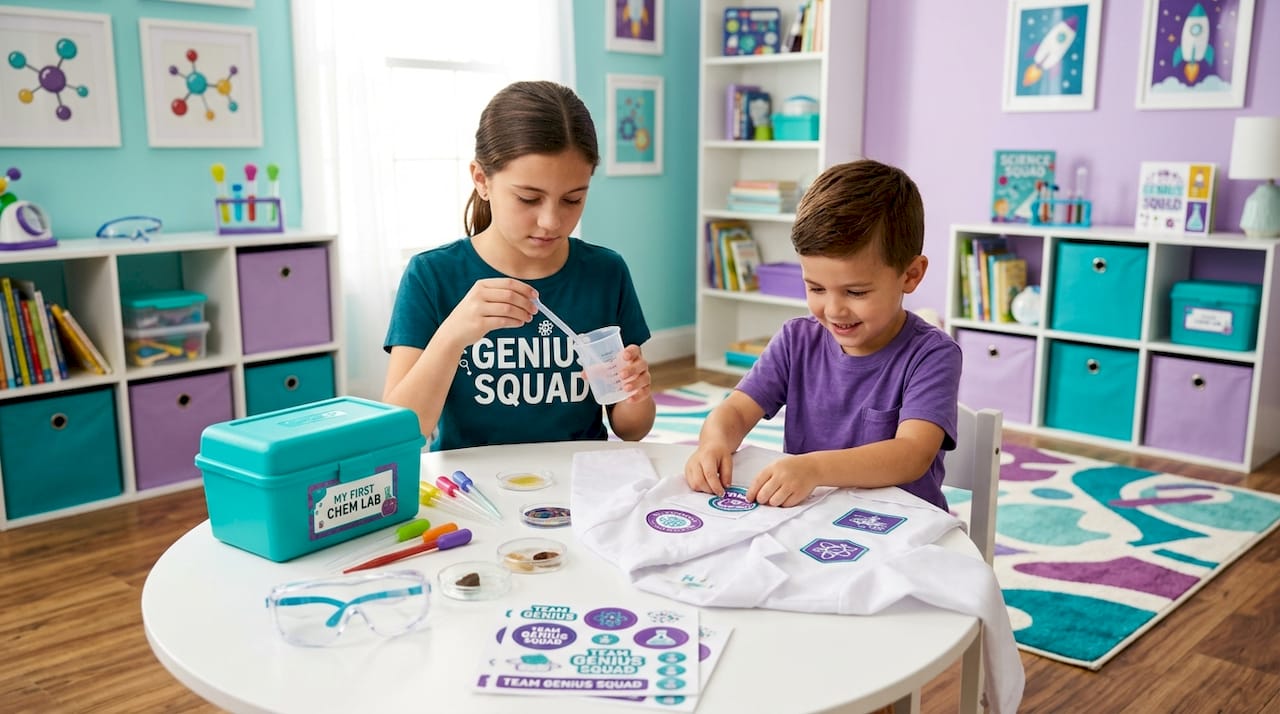 Children unpacking science kits at kitchen table