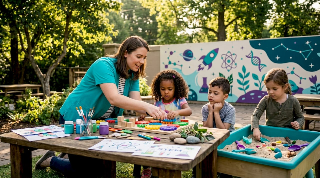 Teacher guiding diverse kids in STEAM classroom