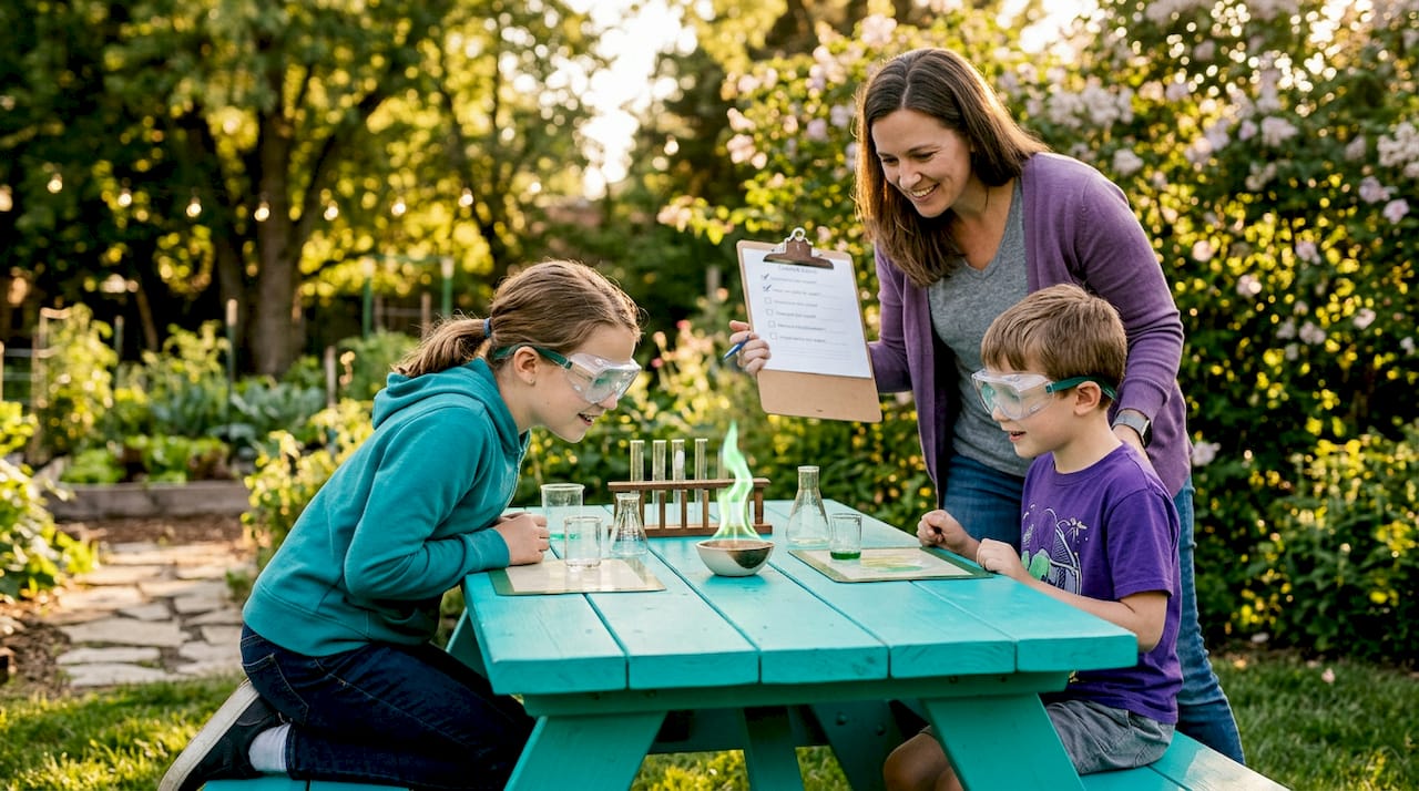 Family safely observing small green flame experiment