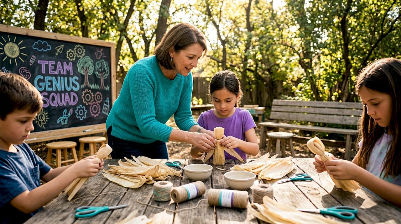 Teacher guiding children making corn husk dolls