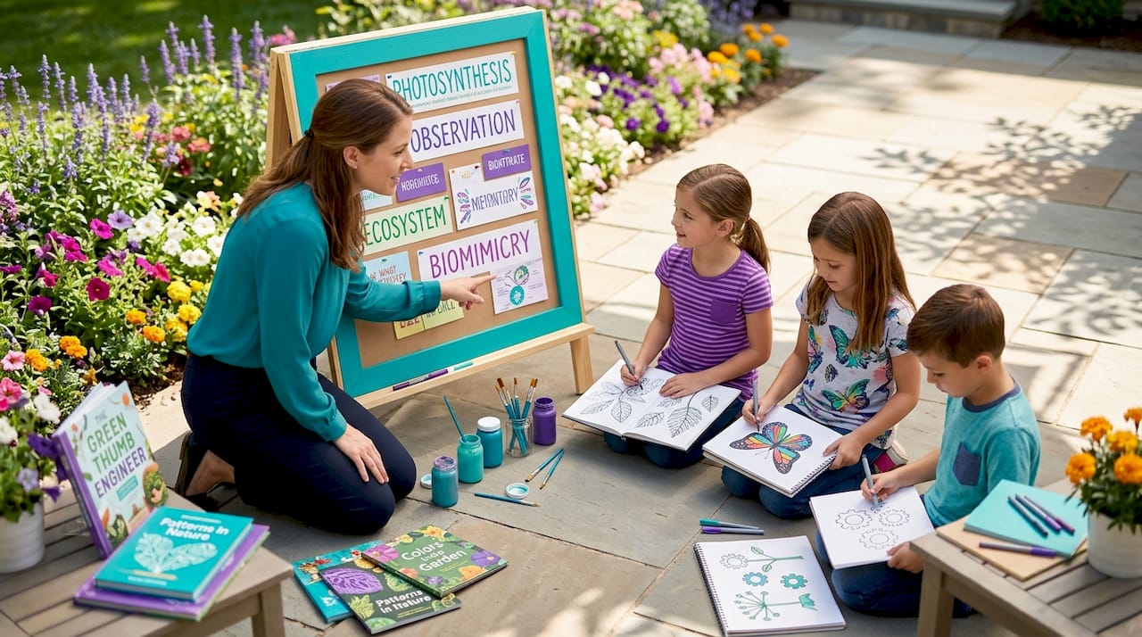 Teacher guiding STEAM activity with vocabulary notes