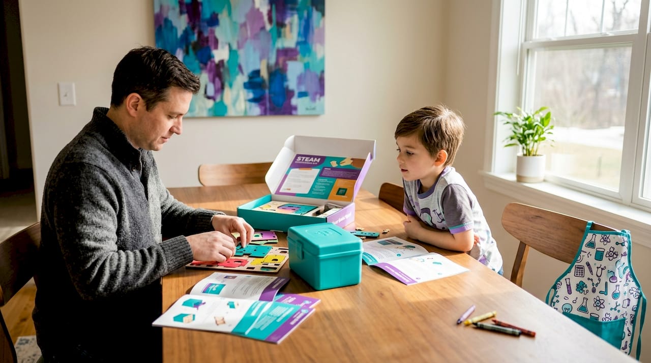 Parent and child assembling STEAM kit at kitchen table