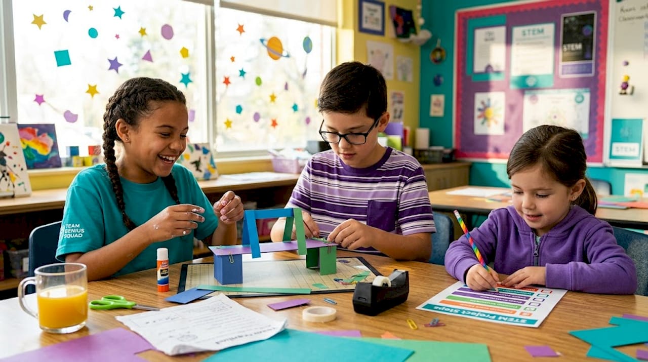 Children using STEM checklist at kitchen table