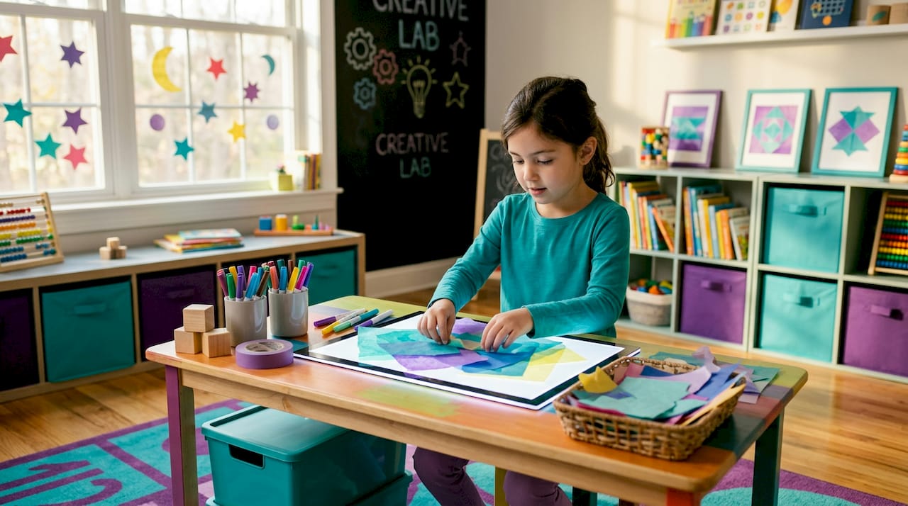Child creating glowing light box art at kitchen table